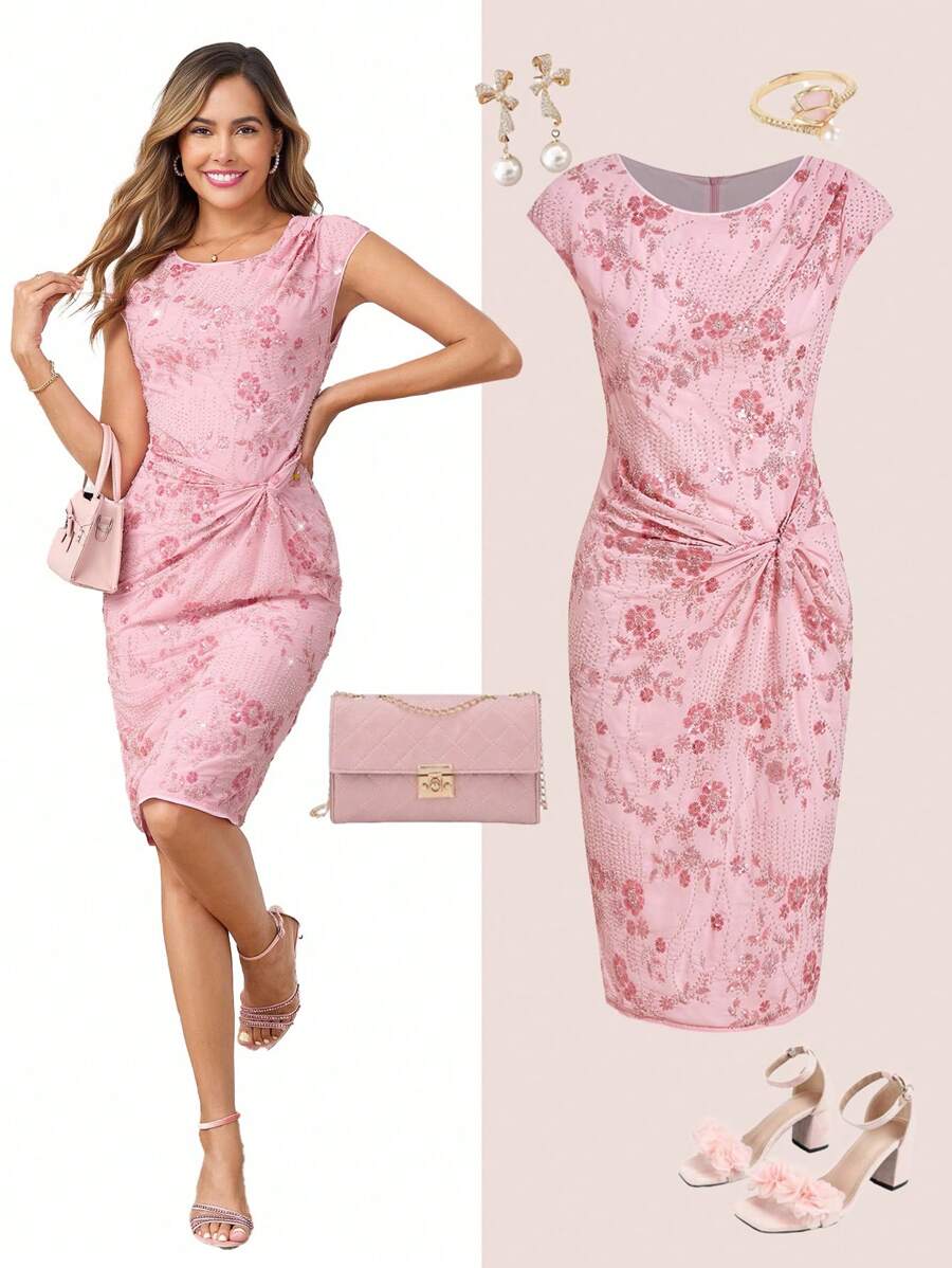 Gownix Women's Elegant Slim Fit Sequin Embellished Stretch Dress, Pink, Summer  Fall Clothes Gorgeous Dress Dresses For Women Party - Pink - View 1
