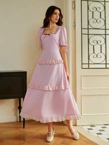 Omancia Robe fendue élégante à volants et dos nu pour femmes, convient pour les sorties, la maison, le thé au jardin, les rendez-vous, la rentrée scolaire, Thanksgiving, Halloween - Rose bonbon - Voir 4