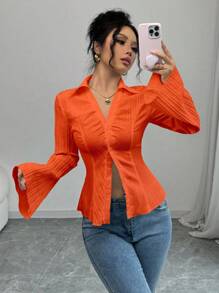 Selianne Women's French Style V-Neck White Blouse, Cinched Waist, Autumn Casual Outfits Spring Fall Cloth For Women