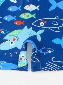 Young Boy Cartoon Print Half Zipper Long Sleeve Rash Guard & Swimming Cap Set, Random Print, Summer Beach Swimsuit