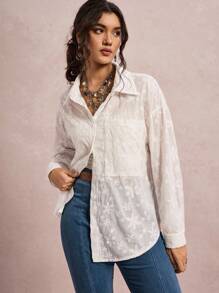 SHEIN VCAY 休闲时尚百搭简约长袖大码女式衬衫，适合返校季教师穿着，刺绣波西米亚风外出上衣，商务休闲机场秋季穿着 - 白色 - 查看 4