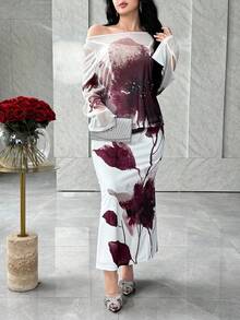 Feyla 2pcs Women Elegant Floral Print Flare Sleeve Top And Mermaid Hem Skirt Set - Multicolor - View 5