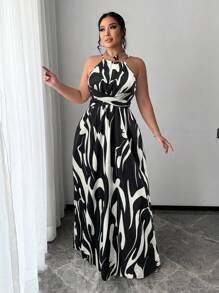 SHEIN SXY Plus Size Women's Spring/Summer Sexy Elegant Commuting Minimalist Black & White Striped Print Waist Tie Flowy A-Line Dress, Suitable For Everyday Wear, Business, Simple, Commuting, Elegant, Casual, Shopping, Streetwear, Going Out, Easy To Match & Looks Slim, Accent Your Body, Flatter The Figure - Black - View 6