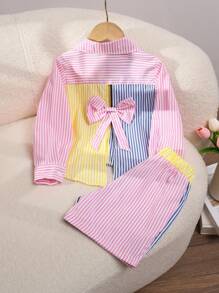 2 piezas Camisa de manga larga con cuello asimétrico, espalda con lazo y pantalones a rayas de estilo universitario informal, adecuado para todas las estaciones, para niña joven con diseño de parches y colores contrastantes