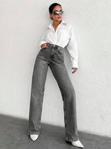 SHEIN Tall 高腰休闲直筒牛仔裤 - 淺灰色 - 查看 5
