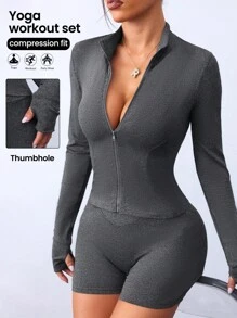 Easithlete Women's Solid Color Zip Front Jacket And Shorts Sports Casual Suit - Dark Grey - View 1