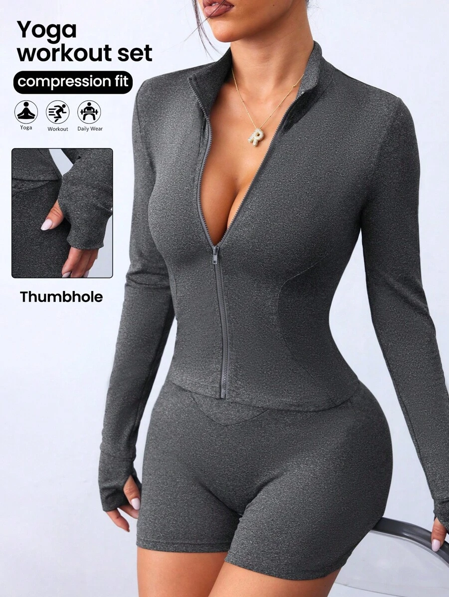Easithlete Women's Solid Color Zip Front Jacket And Shorts Sports Casual Suit - Dark Grey - View 1