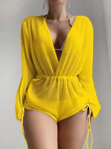 Swim Vcay 女士純色深V領遮臀裙 - 黃色 - 查看 5