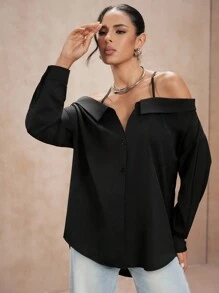 SHEIN Unity Women's Personalized Sexy Fashion Spaghetti Strap Cold Shoulder Minimalist Solid Color Blouse, Spring/Autumn - Black - View 5