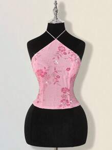 SHEIN ICON 女士串珠返校节粉色花卉亮片优雅挂脖吊带背心 - 粉色 - 查看 3