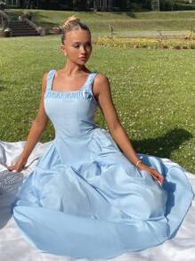 Glamine Vitamin Colors SummerHoliday  Women's Elegant Solid Color Square Neck Waist Cinched Long Dress, Suitable For Dates And Daily Wear Fall Women Clothes Back To School