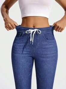 SHEIN Essnce 女式纯色松紧腰抽绳紧身针织牛仔裤 - 深色水洗藍 - 查看 3