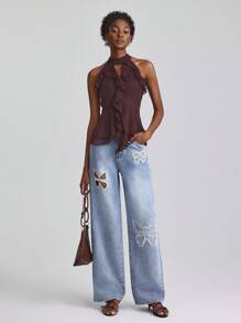 Slaydiva 女式蝴蝶镂空刺绣水钻装饰牛仔裤 - 淺色水洗藍 - 查看 6