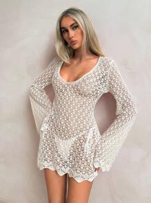 Swim Chiccia Robe trapèze à manches évasées et col V de couleur unie pour femmes
