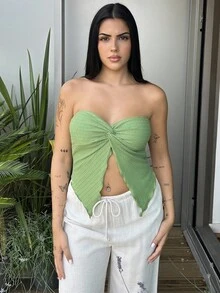 Lucia Bellido 女士度假黄色针织纹理扭纹前开衩下摆短款上衣，适合下午茶、街头、度假、秋冬分层或派对穿着 - 綠色 - 查看 1