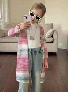 SHEIN Young Girl 1pc Colorful Striped Knitted Open Front Coat , Autumn And Winter,Daily Wear,Preppy,Vintage Fall - Multicolor - View 3