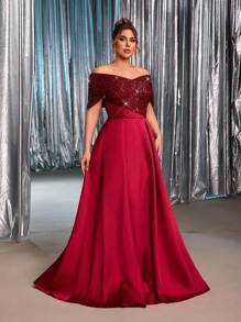 Glamrae Váy dạ hội cỡ lớn mùa thu đông thanh lịch và lộng lẫy màu đỏ rượu vang đính sequin, chất liệu satin sáng bóng, kiểu dáng trễ vai xếp ly, thích hợp cho các buổi tối, tiệc độc thân, hẹn hò, lễ hội, khiêu vũ, lễ tốt nghiệp, đám cưới, sự kiện dạ hội (kiểu dáng cầu kỳ), trang phục Gothic, Ngày Valentine. - Màu Đỏ Sâu - Xem 5