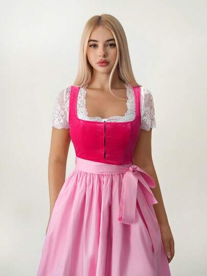 Sweetina Conjunto de vestido largo estilo Oktoberfest rosa para mujer con blusa de manga corta con encaje y decoración de lazo