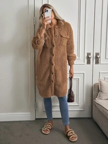 EMERY ROSE Áo khoác nữ Túi Nút phía trước màu trơn Giải trí - Lạc đà - Xem 6