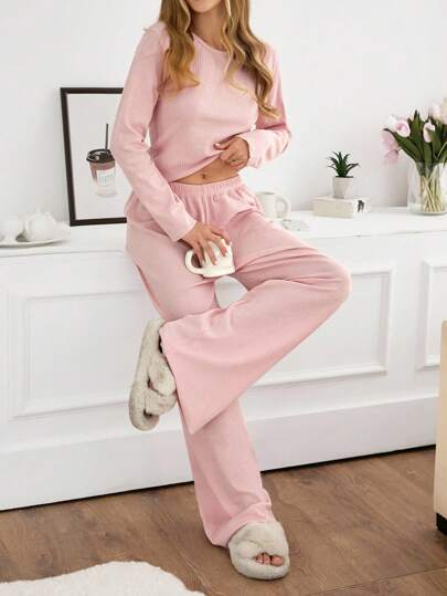 EURM Women Rib Knit Round Neck Long Sleeve Top Pants Homewear Com Lounge Set Pajama Sets Wear Comfy Pyjama view 3