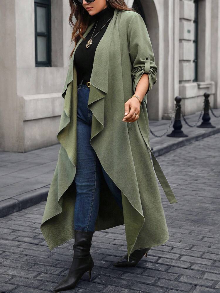 プラスサイズ レディース グリーン ロングトレンチコート ベルト付き ポケット付き 秋