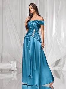 Coutiva Robe élégante et minimaliste avec épaules dénudées et froncée, nouvelle mode élégante pour femmes - Vert - Voir 5