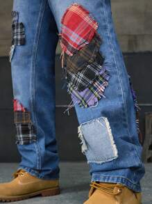 AXEPEAK Herren Patchwork Karomuster Taschen Gerade Loose Lässig Vielseitige Jeans