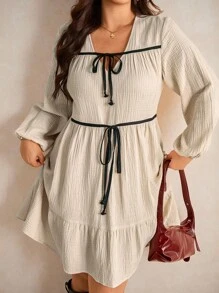 Elaquor Plus Size Casual 3/4 Lantern Sleeve Tie-Up Textured Chiffon A-Line Dress - Apricot - View 5