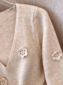 SHEIN Franclia Women's V-Neck French Handmade 3D Floral Long Sleeve Sweater Knit Pullover Fall Winter - Apricot - View 3