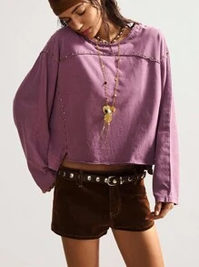 Bohemela Women's Casual Solid Color Knit Crew Neck Long Sleeve Loose Washed T-Shirt, Autumn/Winter Boho,Fall - Purple - View 3