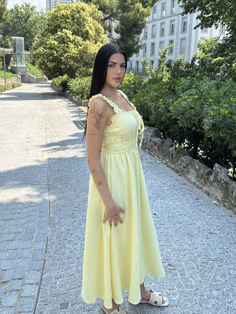 Lucia Bellido 女性實色簡約日常穿著連衣裙,帶褶皺設計 - 黃色 - 查看 1