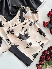 SHEIN 3 件套女士加大码花卉印花优雅缎面内衣睡衣睡衣睡袍 - 黑色 - 查看 6