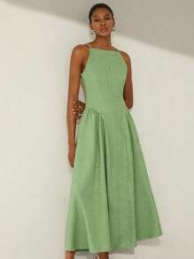 Aveloria Modichic Elegant Party Off Shoulder Sleeveless Ruched Waist Flared Dress, Exaggerated Flowy Dress, Textured Fabric, Suitable For Year-End - Green - View 3