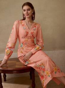 MOTF PREMIUM Váy Midi cổ chữ V họa tiết hoa thanh lịch, thích hợp cho kỳ nghỉ - Hồng - Xem 1