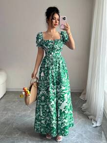 Elenzga New Floral Print Bubble Sleeve Tie Front Backless Waist Cinched Dress, Elegant & Chic For Vacation, Casual Dates, Flattering & Slimming