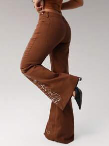 SHEIN ICON 女式 Y2K 千禧复古花卉图案水钻装饰低腰修身喇叭裤 - 棕色 - 查看 2