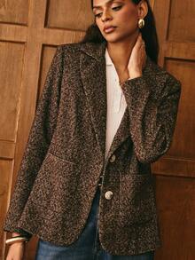 Poéselle Rown Bouclé Jacquard Tweed Blazer For Women –Classic Old Money Style Outerwear ,Thick Autumn Winter Textured Suit Jacket, Elegant Fashion Outerwear,Autumn Textured Blazer,Warm Outerwear Women,Felegant Tweed Coat,Cozy Office Fashion,Parisian Style Fall,Capsule Wardrobe Essential, Tweed Blazer Women - Multicolor - View 7