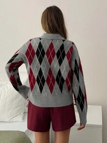 EURMUSE Women Diamond Pattern Polo Neck Button Detailed Drop Shoulder Pullover,Jumper,Cream Jumper,Jumpers,Black Jumper,Womens Jumper,White Jumper,Women's Jumper,Women's Jumpers,Winter Clothes - Multicolor - View 7