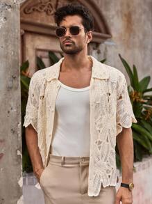 Manfinity VCAY 男士休闲纯色镂空针织开衫男士钩针蕾丝衬衫奶油色蕾丝男士衬衫白色蕾丝男士衬衫男士蕾丝衬衫男士钩针衬衫，适合秋冬 - 彩色 - 查看 7