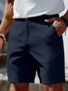 Manfinity Homme Quần short trơn màu thường ngày mùa hè dành cho nam - Màu xanh hải quân - Xem 1