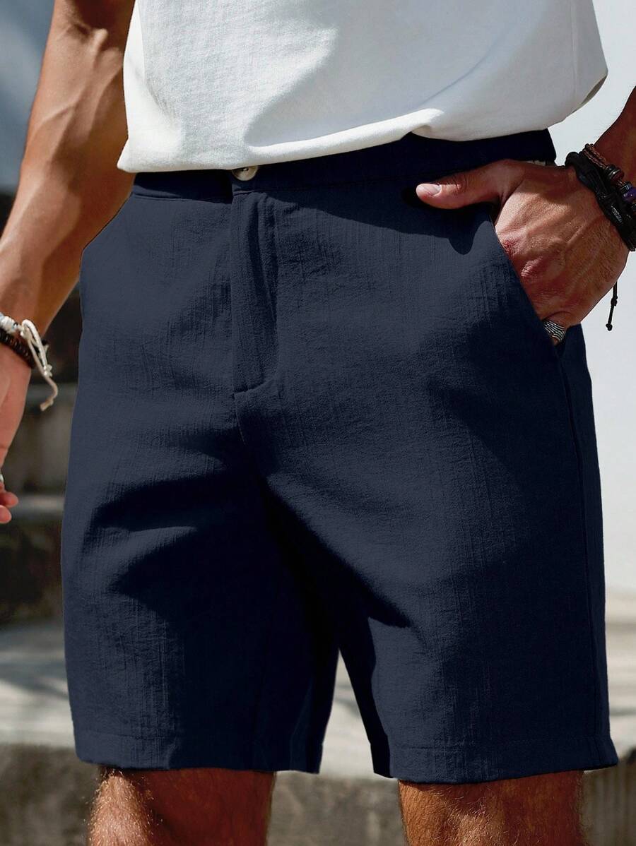 Manfinity Homme Quần short trơn màu thường ngày mùa hè dành cho nam - Màu xanh hải quân - Xem 1