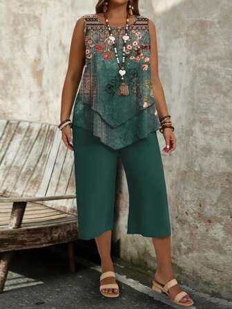 EMERY ROSE 2 pièces/set Femmes grande taille Vintage décontracté Motif floral Col rond Gilet et Pantalon 3/4, Été