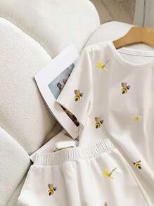 SHEIN 2 pezzi Set casual da donna composto da pantaloncini corti a girocollo e pantaloncini a forma di beeernern