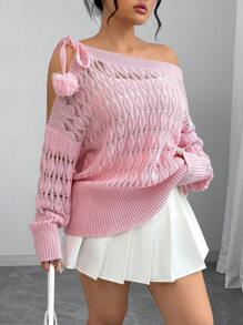 Elenzga Suéter de punto de manga larga con hombros descubiertos, cordones y calado, talla grande - Rosa - Ver 4