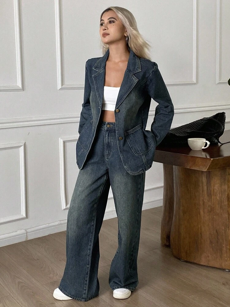Women's Autumn Lapel Jacket And Loose Fit Jeans Set