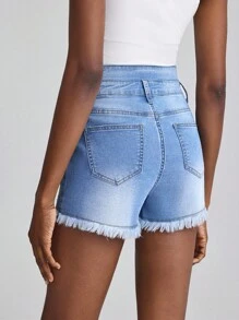 Slaydiva 女士时尚水钻磨边口袋牛仔短裤 - 淺色水洗藍 - 查看 2