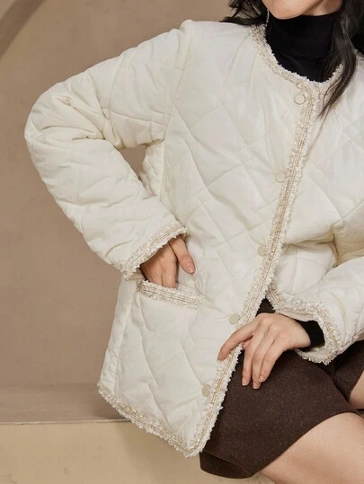 DAZY 宽松直筒拼接缎带长袖保暖加厚女式冬季外套 女式冬季夹克 女式大衣