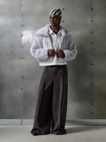 NEON BLANC Men's Fluffy Turtleneck Loose Faux Fur Jacket, For Fall Winter - Light Grey - View 4