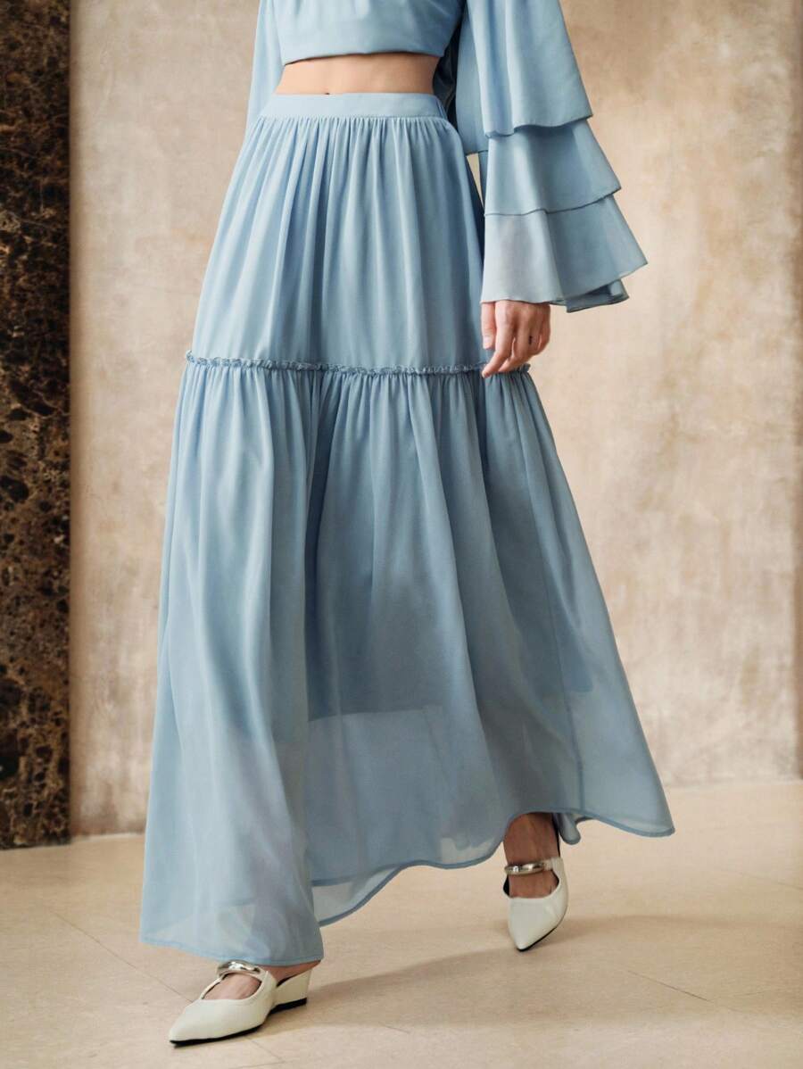 EMERY ROSE 女式四向弹力面料 A 字褶边嬉皮风格波西米亚风格优雅约会长裙秋季女装度假装女士波西米亚风女装休闲装春季 - 藍色 - 查看 1