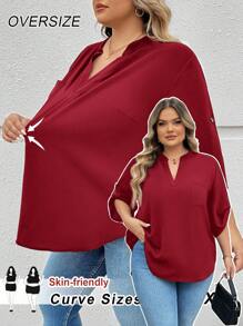 SHEIN CURVE+ 加大码卷舌袖黑色衬衫，优雅、度假、基本款 - 酒紅色 - 查看 1